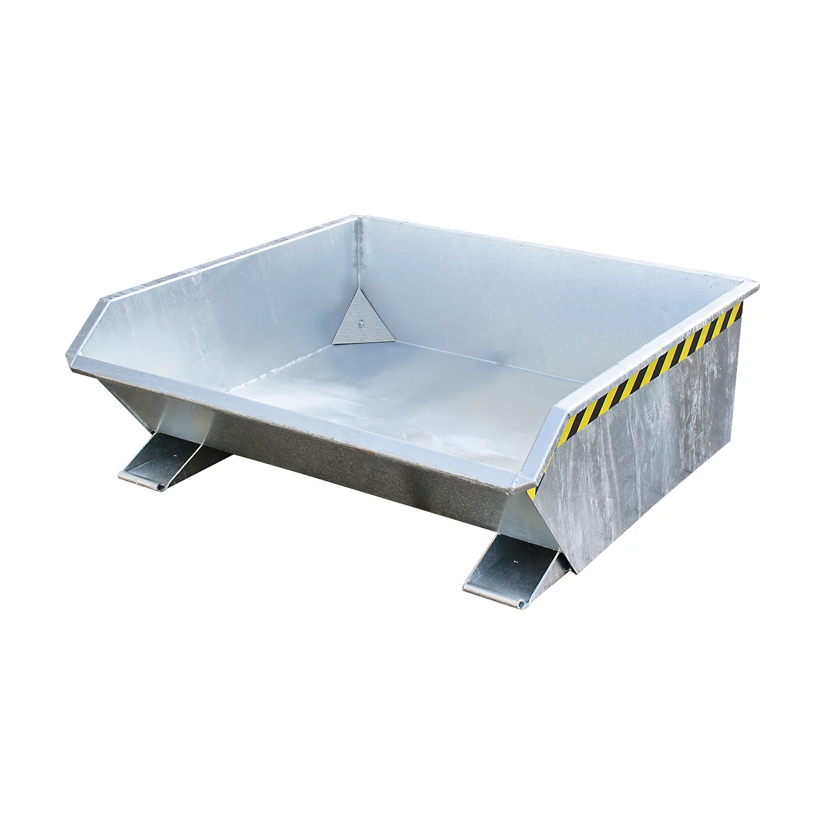Open, rechthoekige metalen bak, schuine zijwanden, geel-zwarte strepen. Staat op metalen poten.
