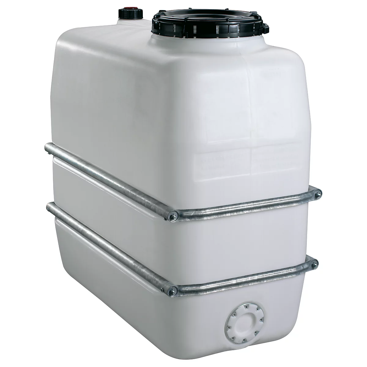 White rectangular tank with black lid and metal reinforcements. Small red and black caps on top.