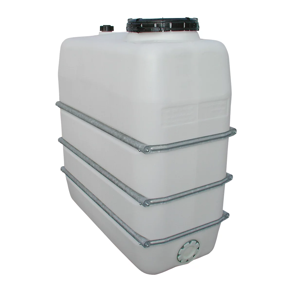 White rectangular tank with black lid and metal reinforcements.