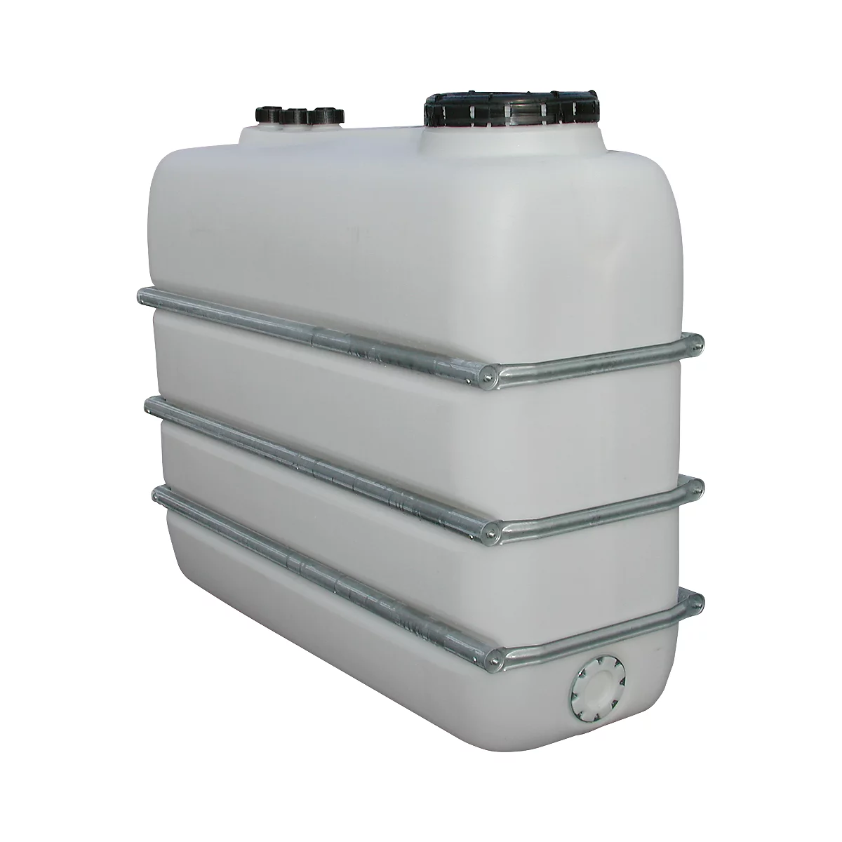 White plastic tank, rectangular with black lids and metal frame.