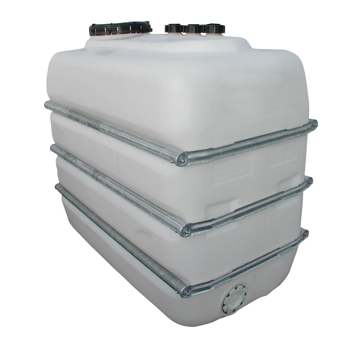 White rectangular tank with black lids, surrounded by metal straps.