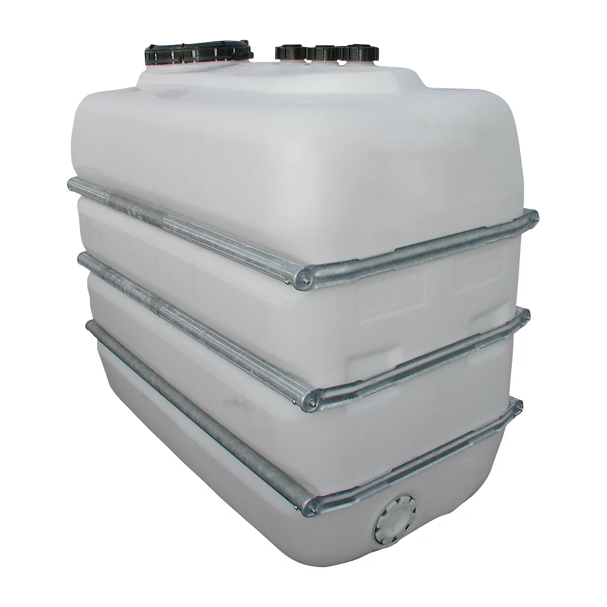 White plastic tank with metal brackets. Several black lids are on the top.