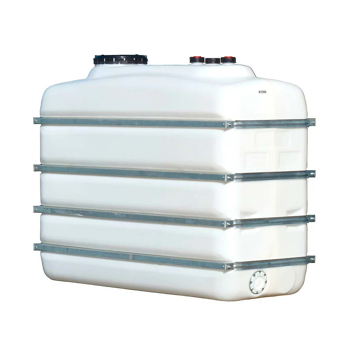 Rectangular white tank with metal bands. Black and red lids on top, a valve at the bottom.