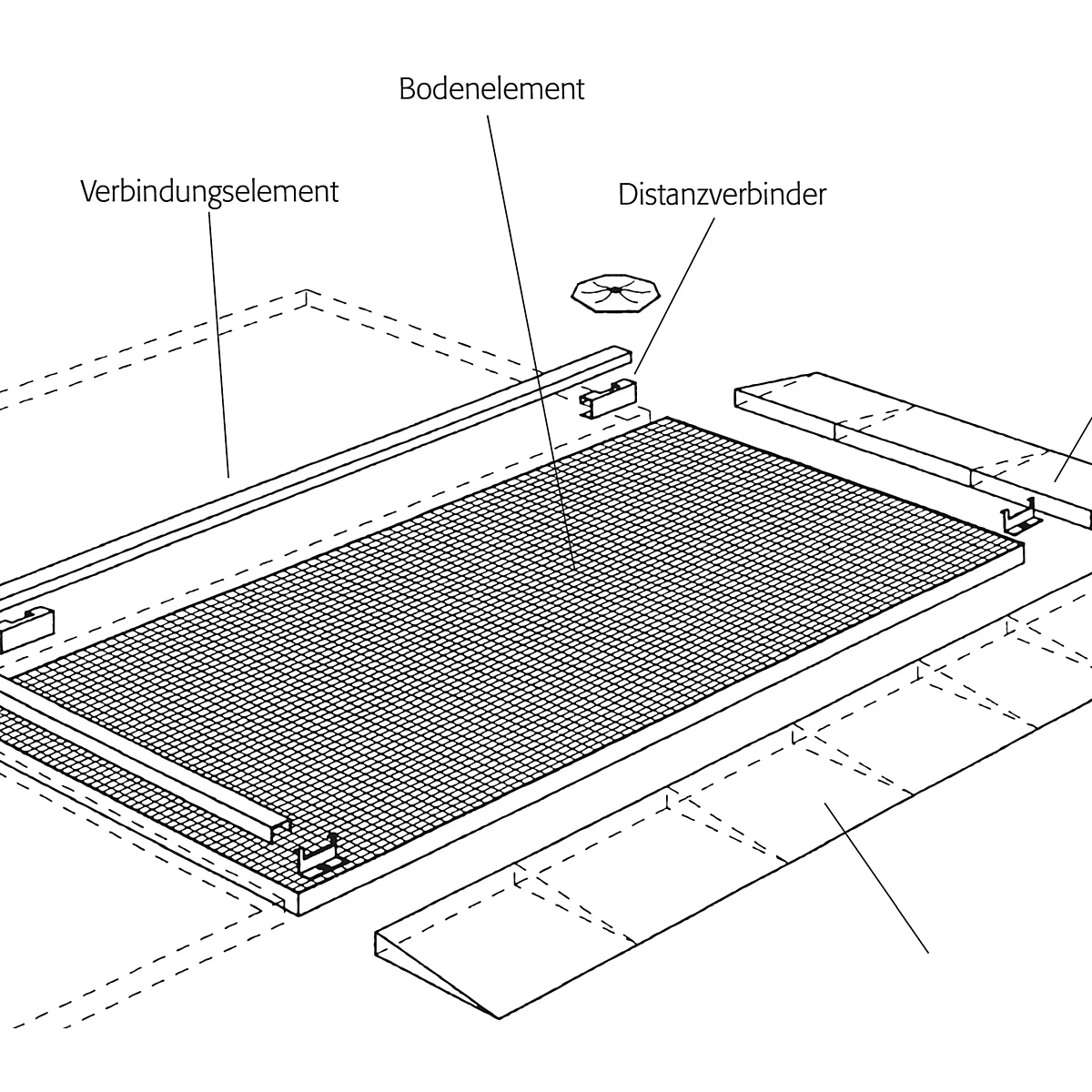 Technical drawing of a construction with floor element, connecting and distance connecting elements.