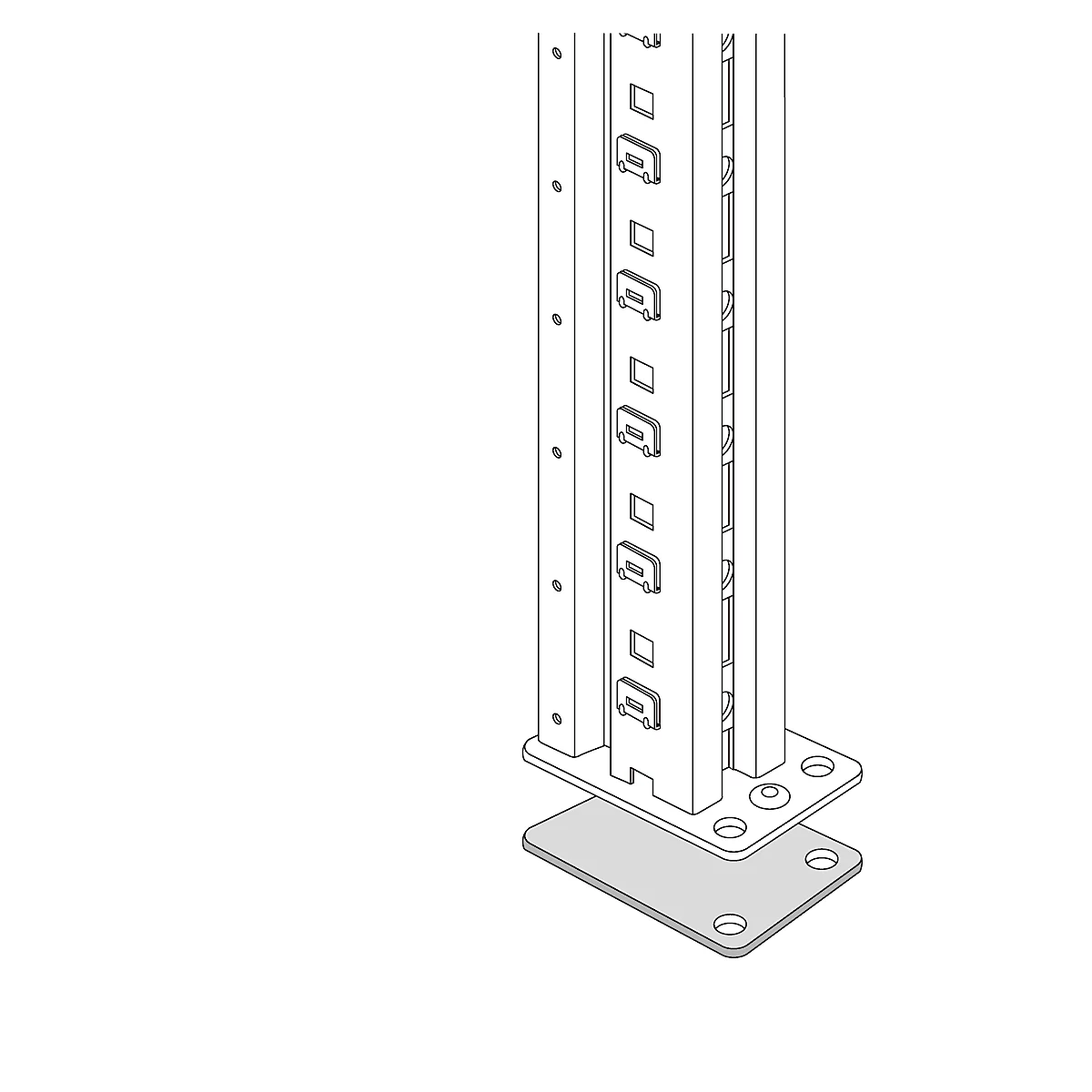 Detailed view of a metal shelving system. The supports with notches and a base plate. Black and white illustration.