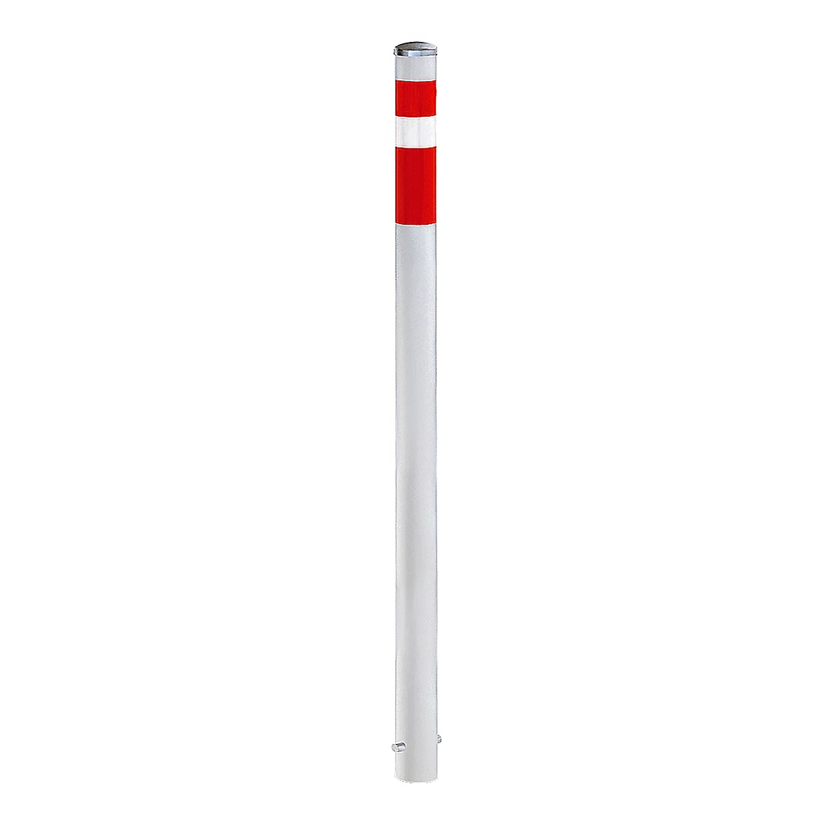 White bollard with red band and silver top.