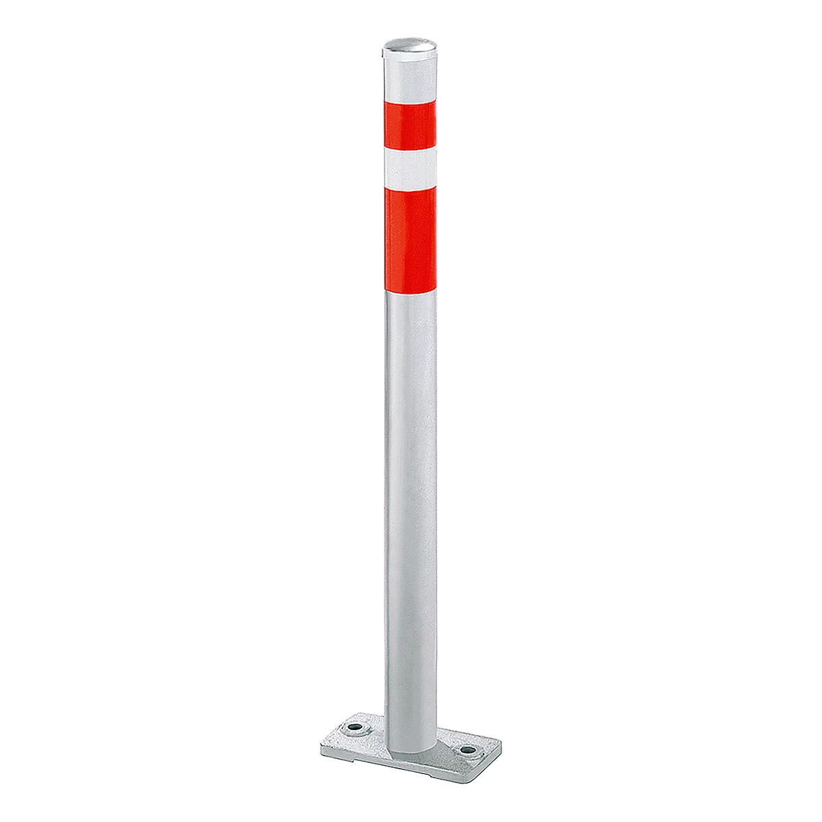 Grey bollard with white and red stripes. At the bottom is a metal plate with holes.