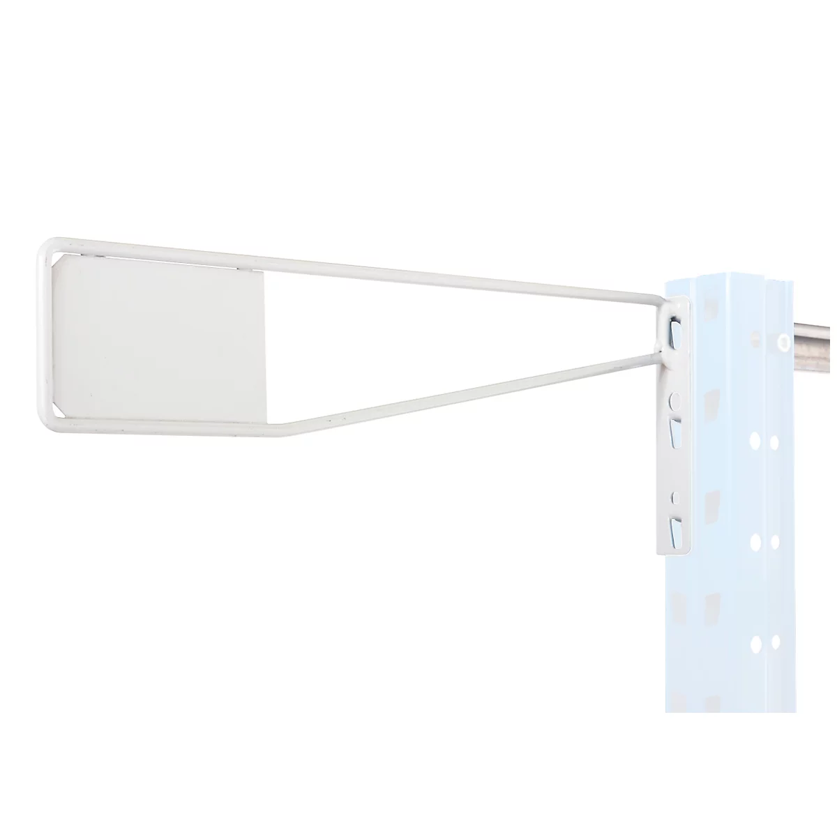 White shelf component with a rectangular surface and two retaining struts. On a white background.