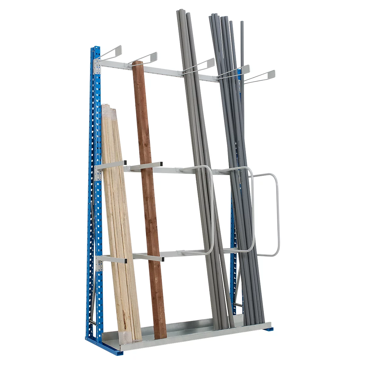 A blue metal rack with stored wood and plastic pipes.