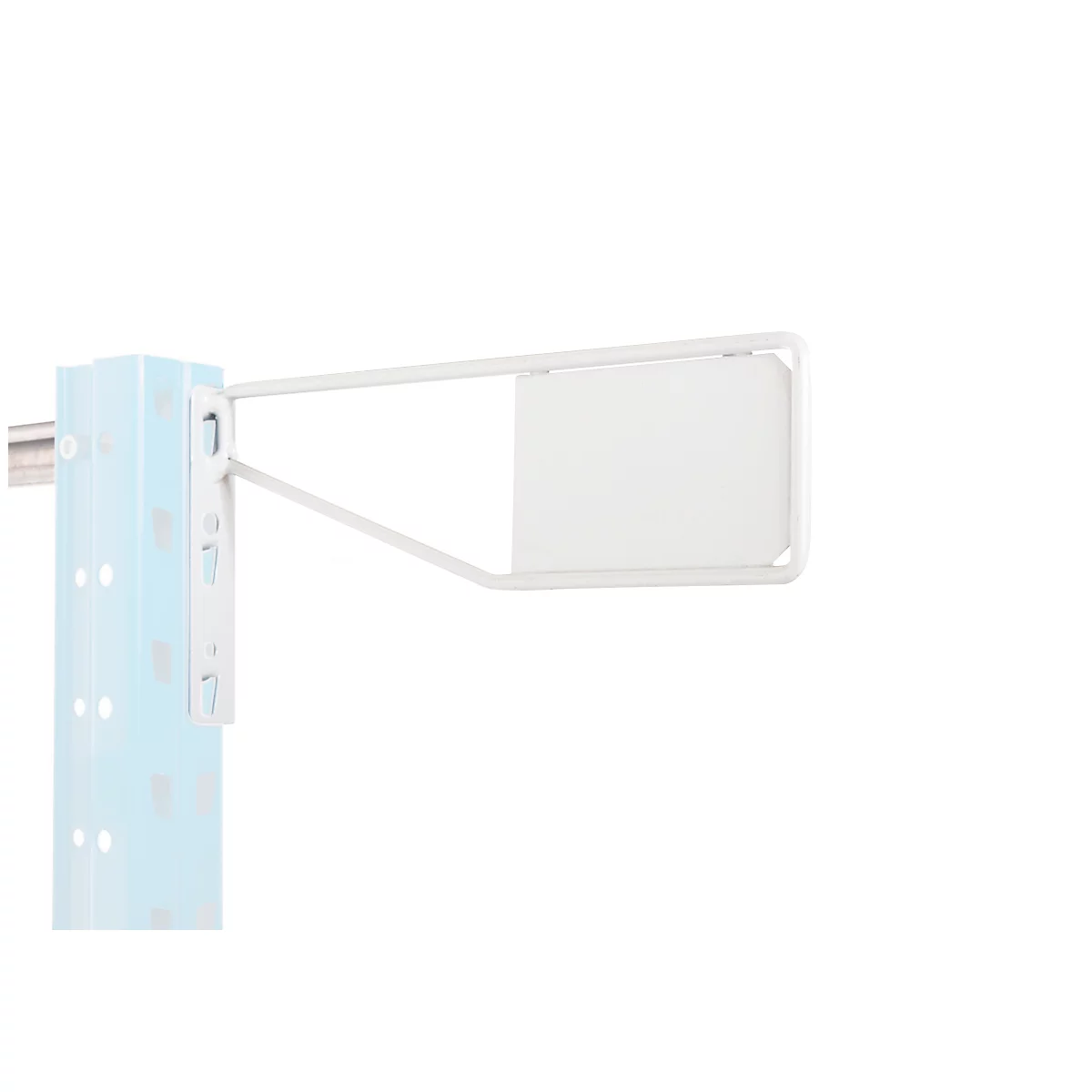 White metal frame with sign. The frame is attached to a blue column. The background is white.