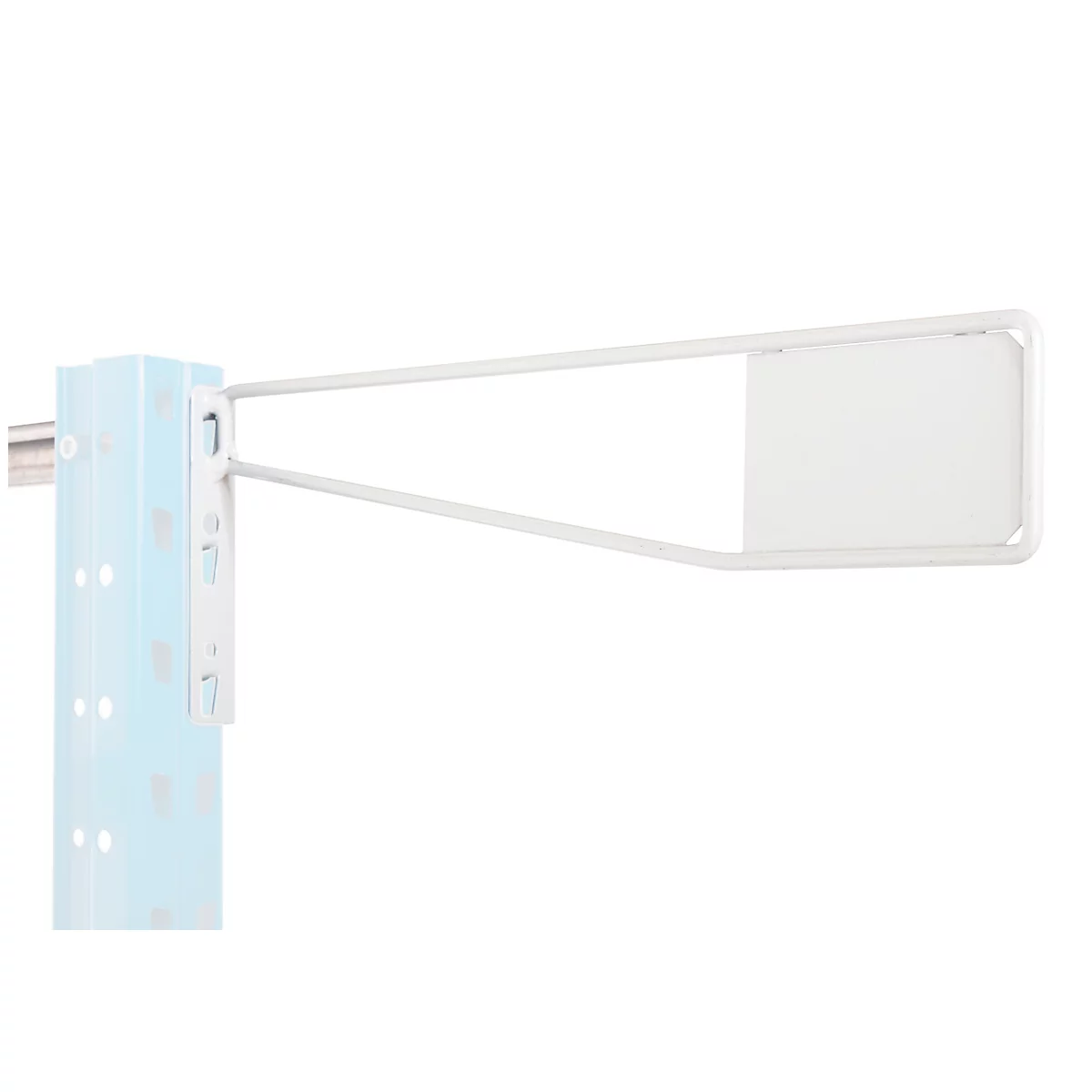 White sign holder on blue shelf post. Rectangular area with frame, blue background behind.