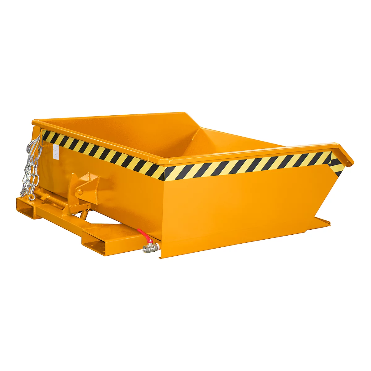 Gelbe Mulde, mit schwarz-gelben Warnstreifen. Seitlich Ketten und ein Wasserhahn.