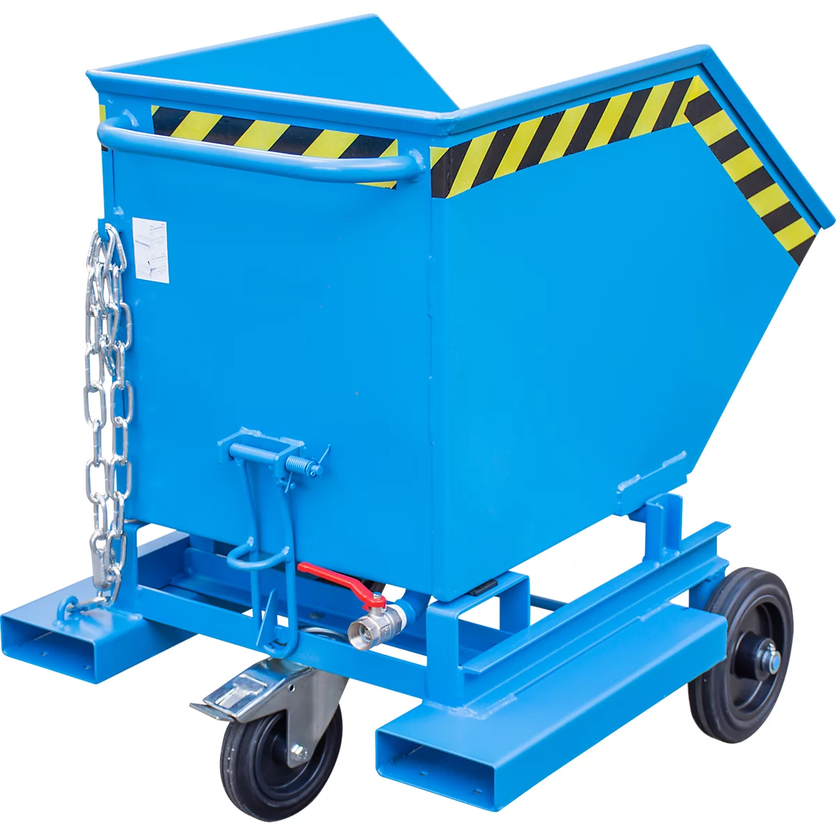 Späne-Kippbehälter Bauer SKW-ET 250, Stahl, blau, B 1115 x T 820 x H 990 mm, 250 l, bis 300 kg, Rollen, manuelles Kippen, mit Einfahrttaschen