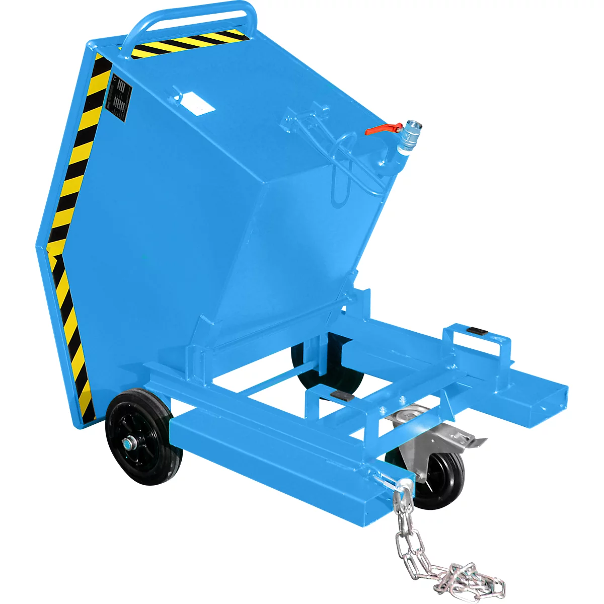 Späne-Kippbehälter Bauer SKW-ET 250, Stahl, blau, B 1115 x T 820 x H 990 mm, 250 l, bis 300 kg, Rollen, manuelles Kippen, mit Einfahrttaschen