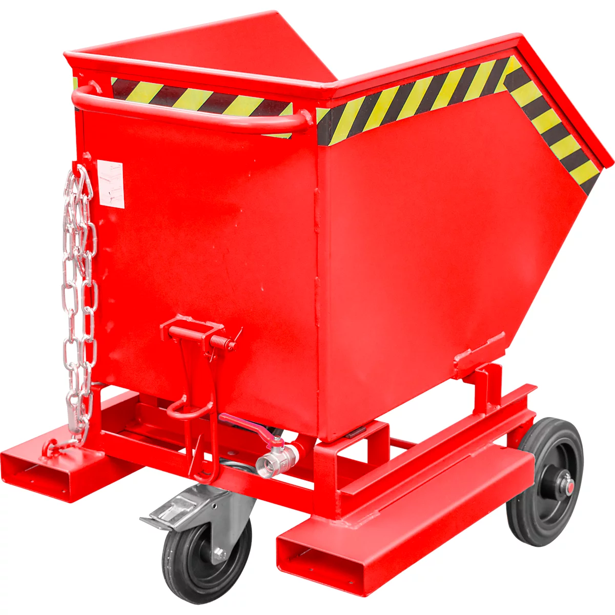 Späne-Kippbehälter Bauer SKW-ET 250, Stahl, rot, B 1115 x T 820 x H 990 mm, 250 l, bis 300 kg, Rollen, manuelles Kippen, mit Einfahrttaschen