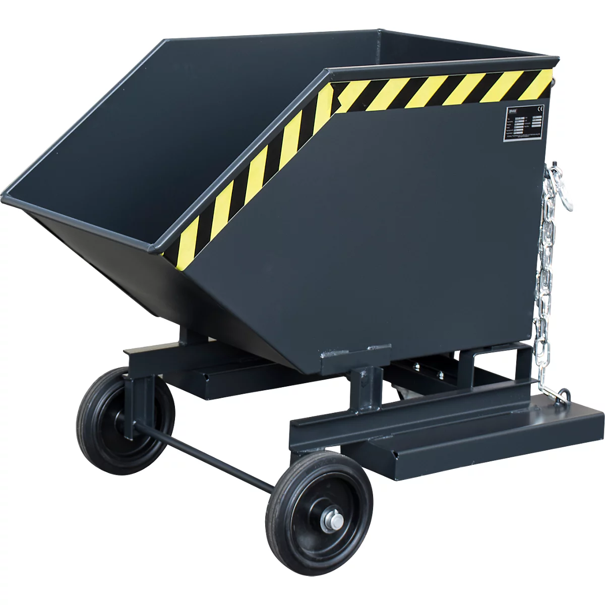 Späne-Kippbehälter Bauer SKW-ET 250, Stahl, schwarz, B 1115 x T 820 x H 1090 mm, 250 l, bis 300 kg, Rollen, manuelles Kippen, mit Einfahrttaschen