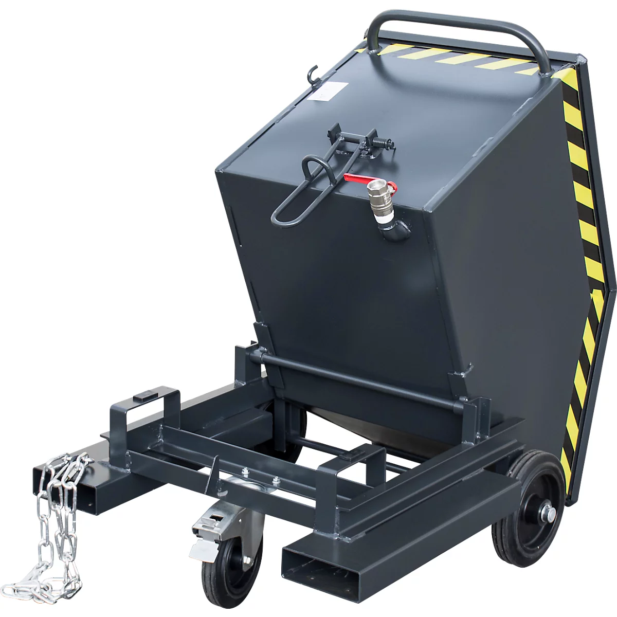 Späne-Kippbehälter Bauer SKW-ET 250, Stahl, schwarz, B 1115 x T 820 x H 1090 mm, 250 l, bis 300 kg, Rollen, manuelles Kippen, mit Einfahrttaschen