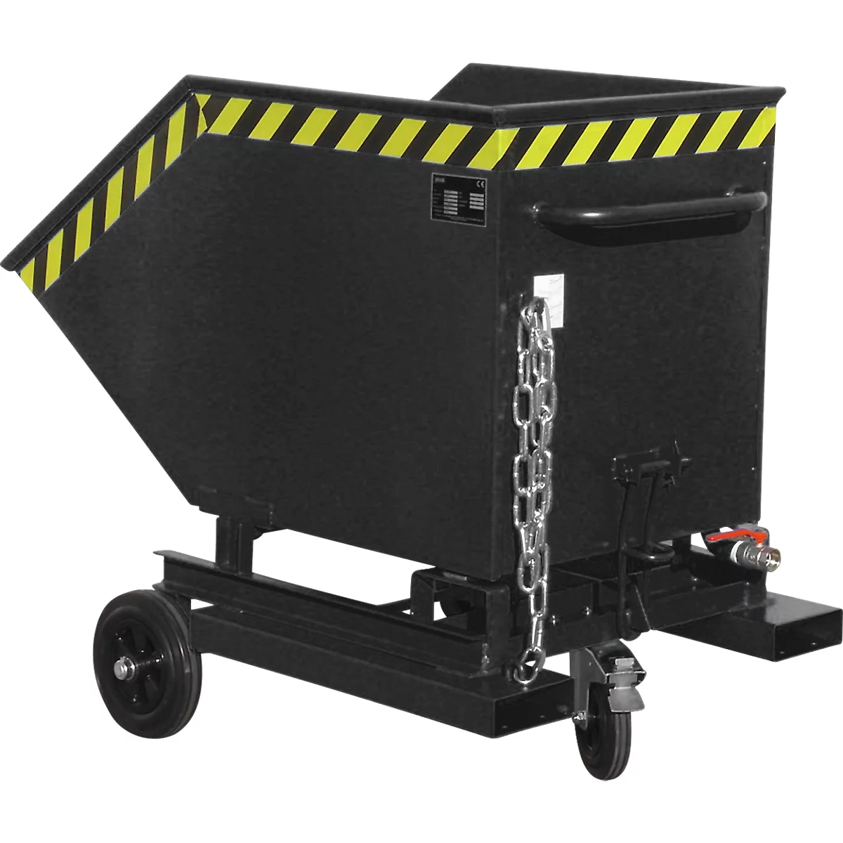 Späne-Kippbehälter Bauer SKW-ET 400, Stahl, schwarz, B 1320 x T 900 x H 1090 mm, 400 l, bis 300 kg, Rollen, manuelles Kippen, mit Einfahrttaschen