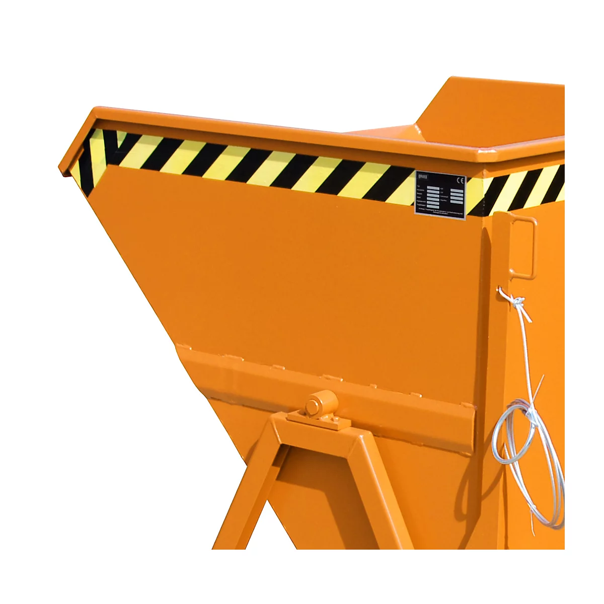 Späne-Kippmulde Bauer SKS 550, Stahl, orange, B 1250 x T 1200 x H 1170 mm, 550 l, bis 1000 kg, Rollen, Ablasshahn, Manuelle Kippvorrichtung