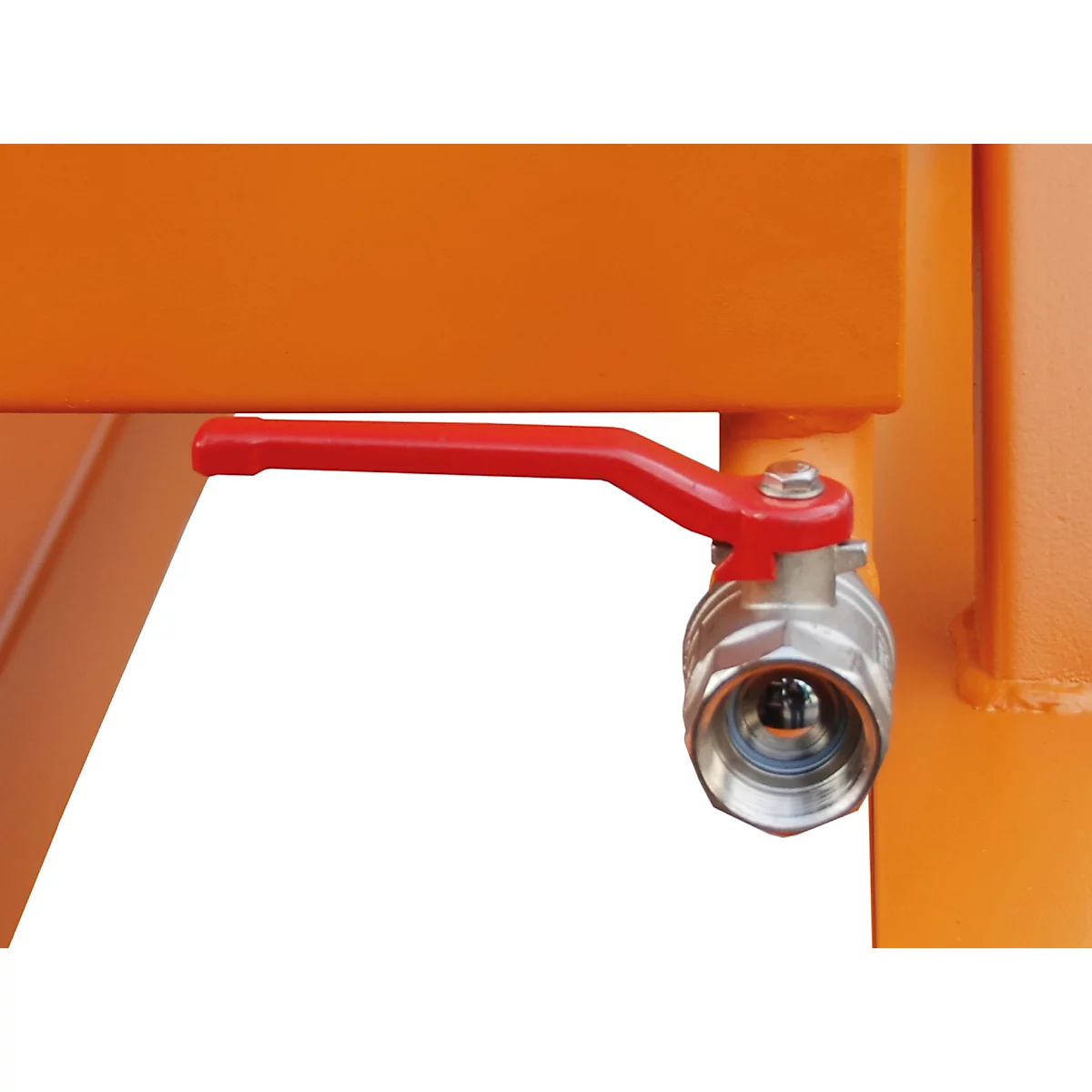 Späne-Kippmulde Bauer SKS 550, Stahl, orange, B 1250 x T 1200 x H 1170 mm, 550 l, bis 1000 kg, Rollen, Ablasshahn, Manuelle Kippvorrichtung