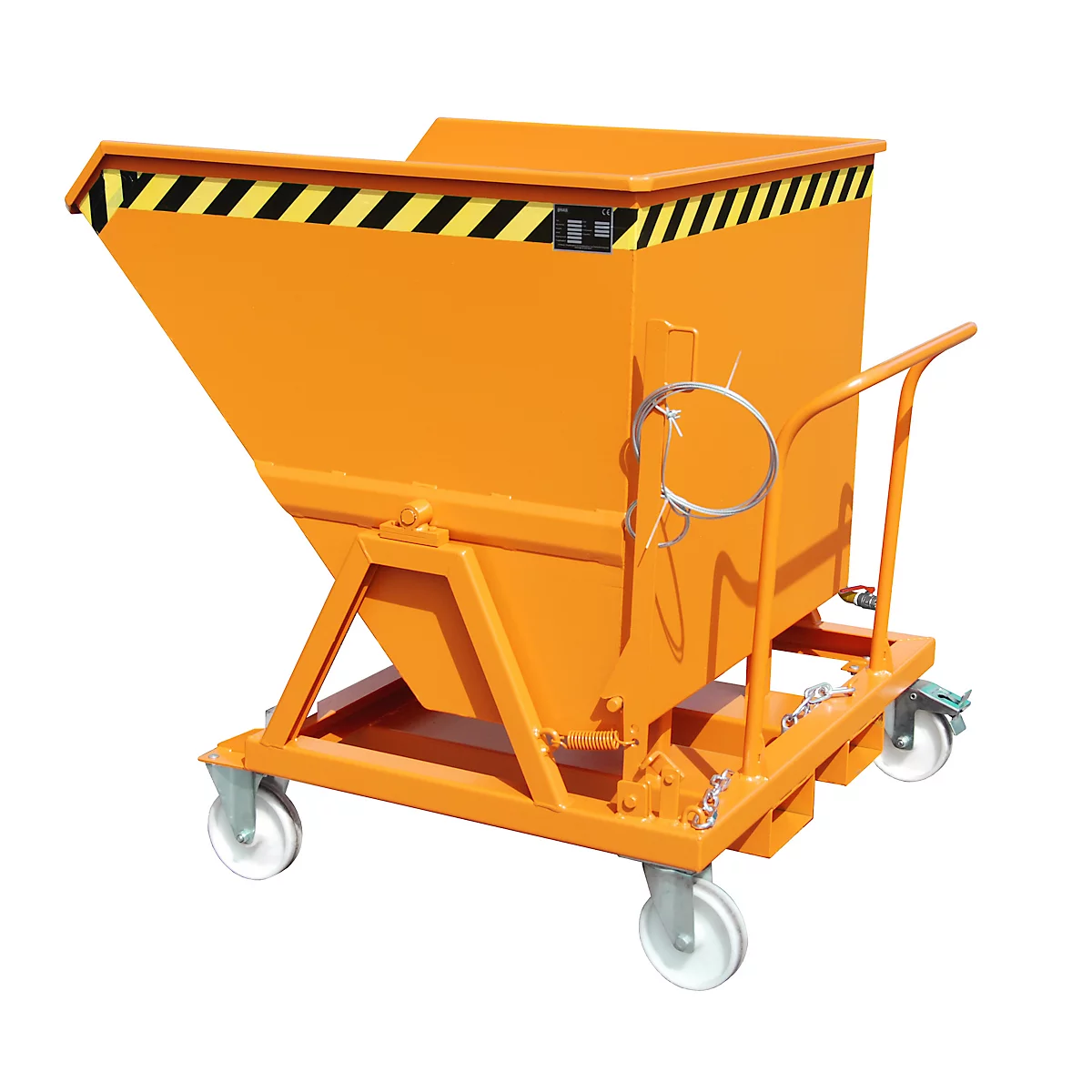 Späne-Kippmulde Bauer SKS 700, Stahl, orange, B 1345 x T 1200 x H 1275 mm, 700 l, bis 1000 kg, Rollen, Ablasshahn, Manuelle Kippvorrichtung