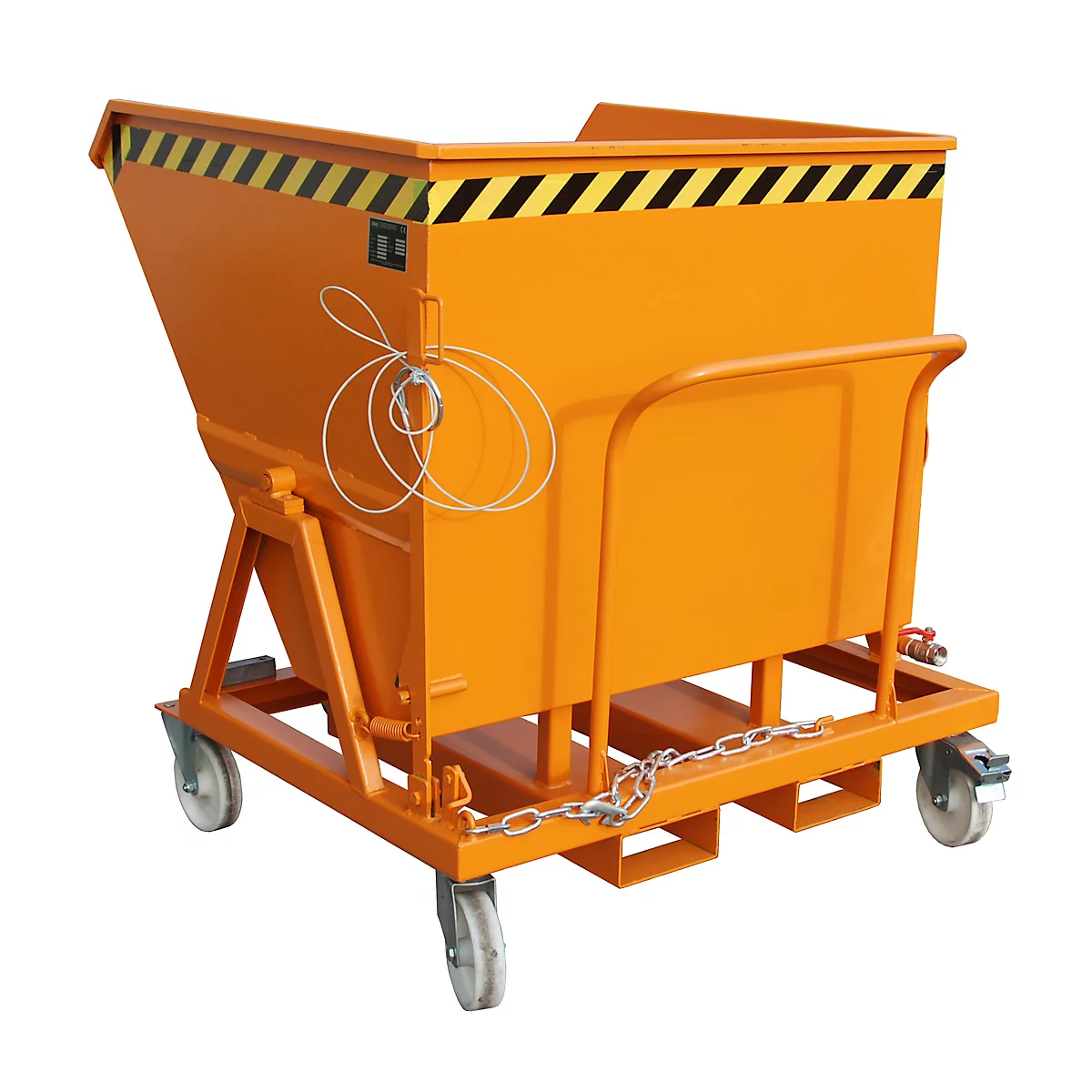 Späne-Kippmulde Bauer SKS 700, Stahl, orange, B 1345 x T 1200 x H 1275 mm, 700 l, bis 1000 kg, Rollen, Ablasshahn, Manuelle Kippvorrichtung