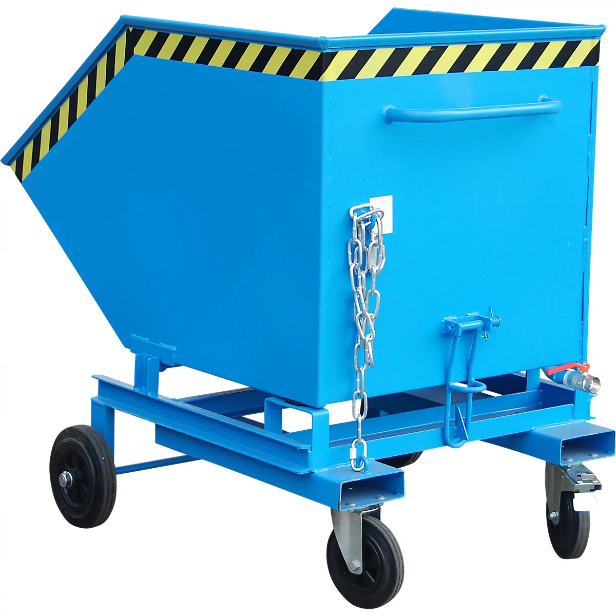 Blauwe containertrolley met wielen. Geelzwarte waarschuwing op de bovenrand.