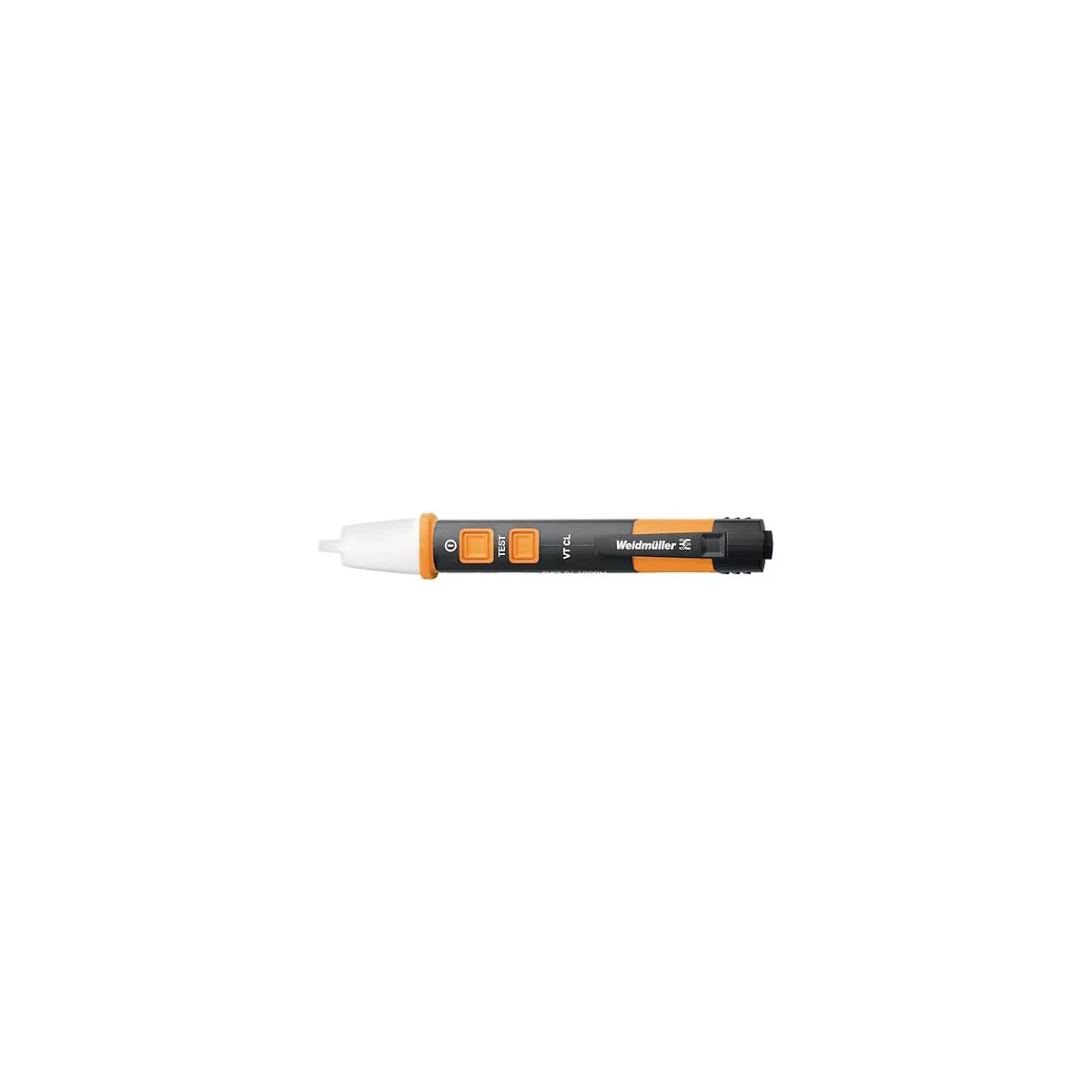 Een zwarte en oranje spanningstester met "VT CL" erop, twee knoppen en het woord "TEST".