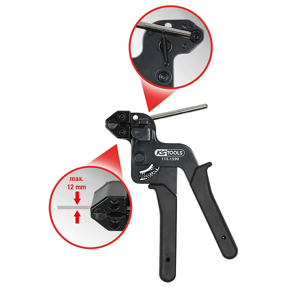 Schwarze KS TOOLS Zange mit roten Pfeilen und Vergrößerungen. Aufschrift: max. 12 mm.
