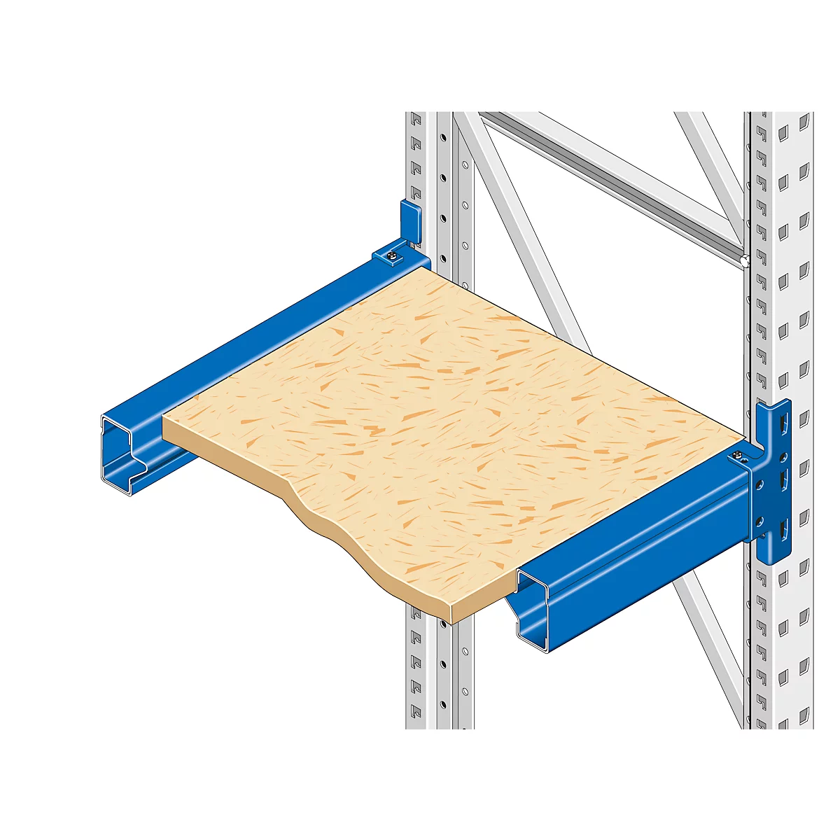 Eine Nahaufnahme einer Regalbodenkonstruktion mit blauen Metallträgern und einer Holzplatte. Der Boden ist an einem Regalsystem befestigt.