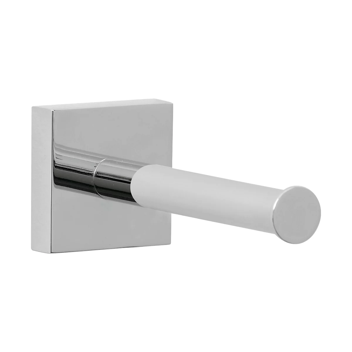 Chrome toilet paper holder with a white holding bar. The holder is square.