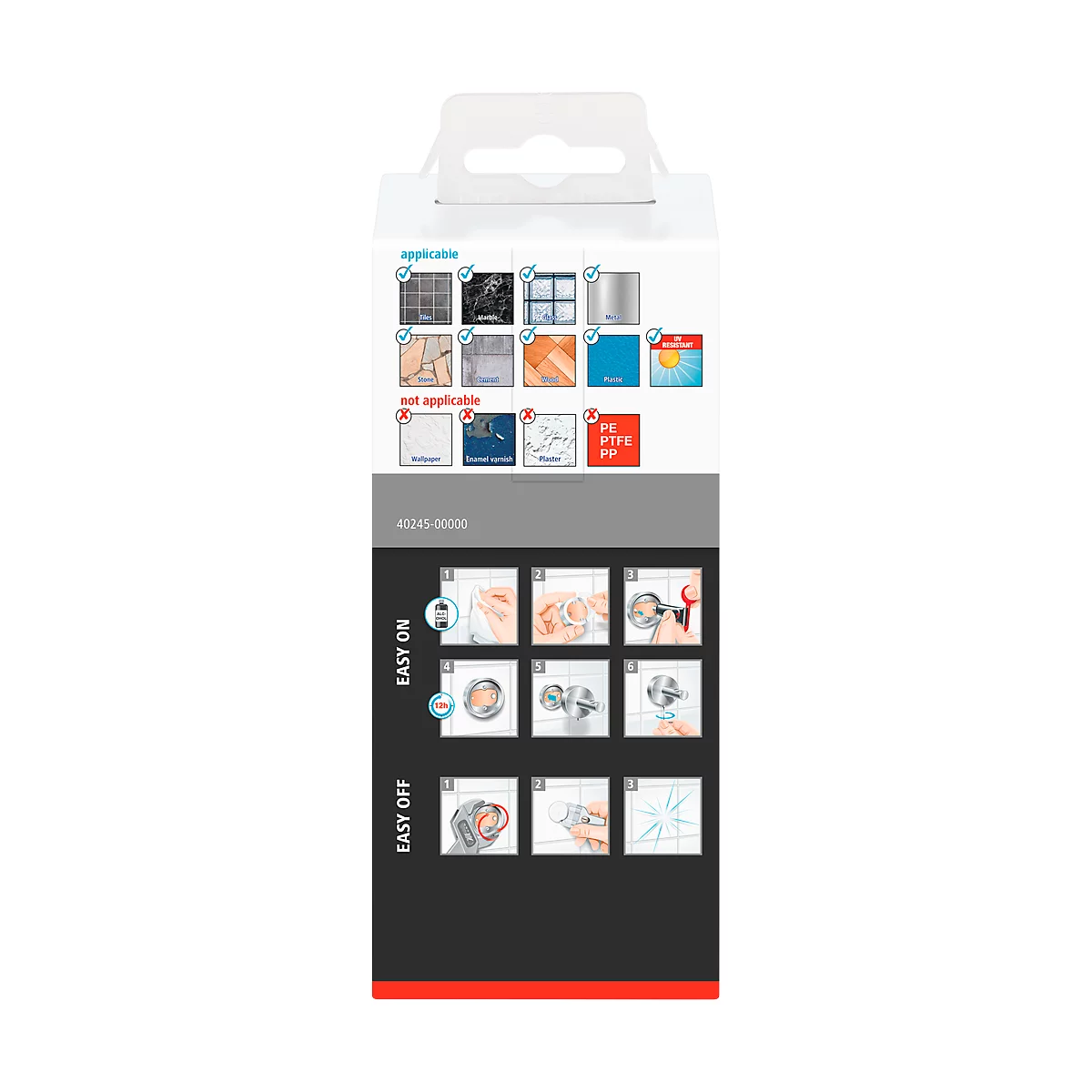 Product packaging with application examples. Top: "Applicable" and "Not applicable" with various surfaces. Bottom: Instructions for "Easy On" and "Easy Off".