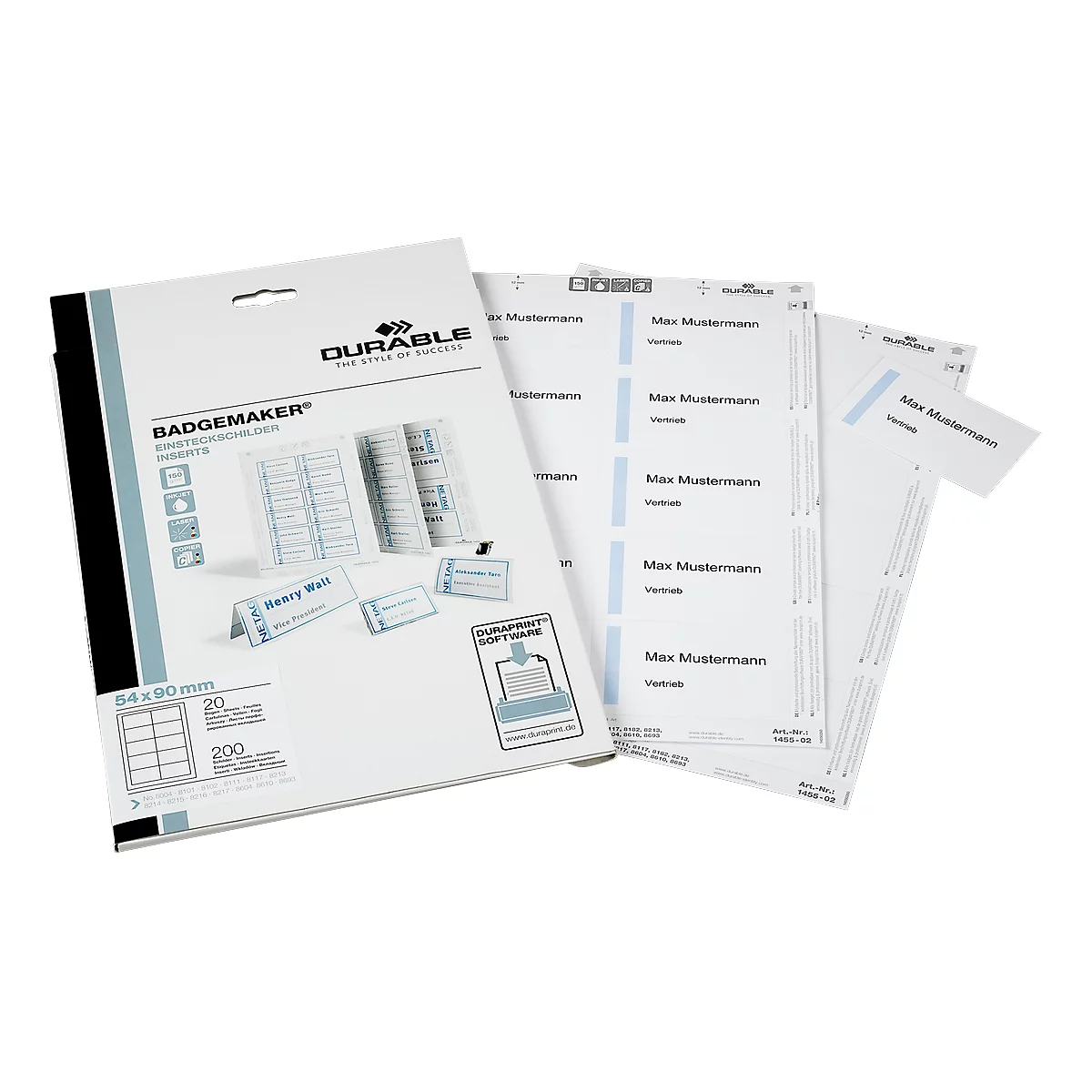 A package of DURABLE badge maker labels and printed name tags. Lettering: BadgeMaker, Max Mustermann, DURAPRINT SOFTWARE.
