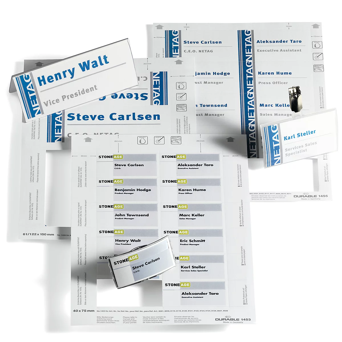 Various name tags and templates, including the NETAG logo. Names like Henry Walt and Steve Carlsen are clearly visible.