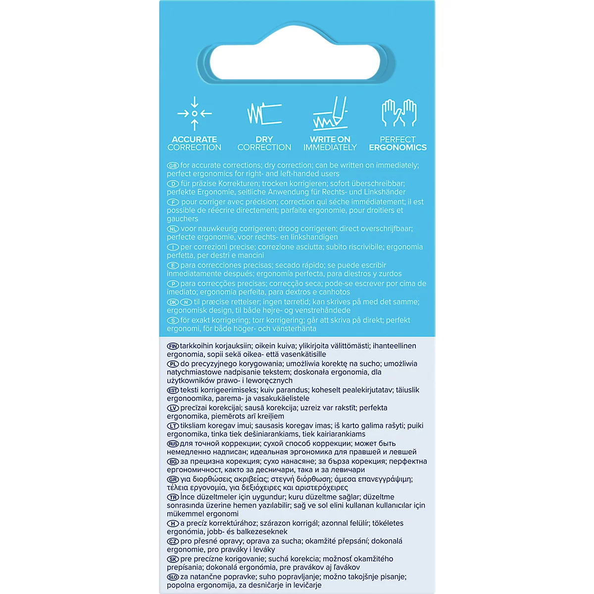 Blaue Verpackungsrückseite eines Korrekturrollers mit Symbolen und mehrsprachigen Produktinformationen.