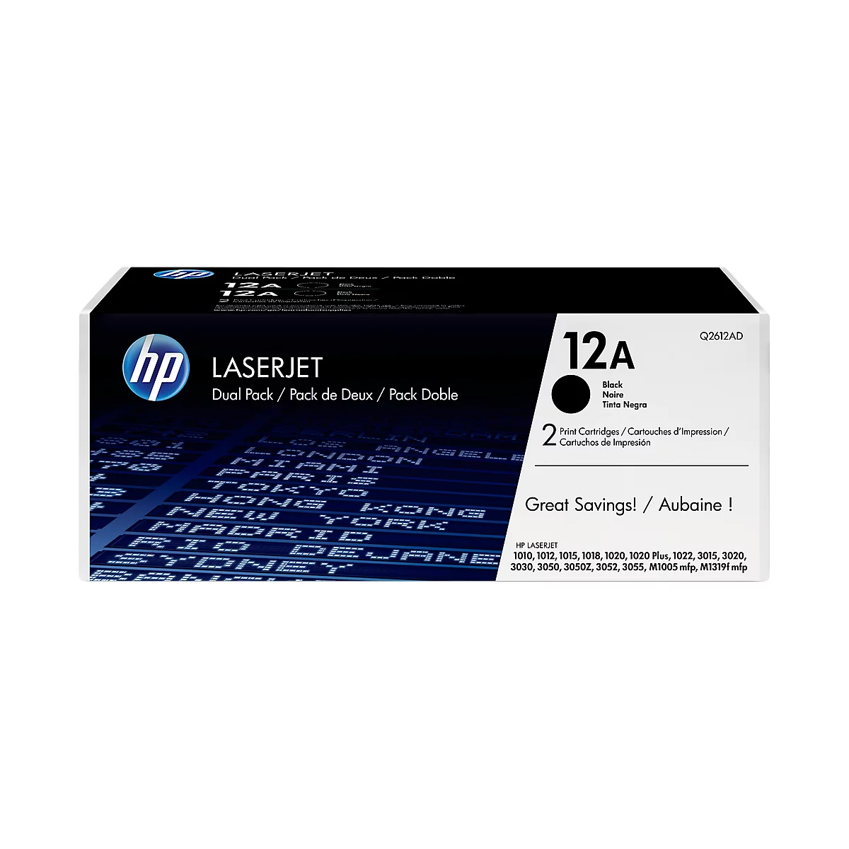 Schwarze HP LaserJet-Doppelpack-Tonerkartuschen 12A, Packung mit 2 Patronen. Aufdruck mit der Aufschrift: "Great Savings!".