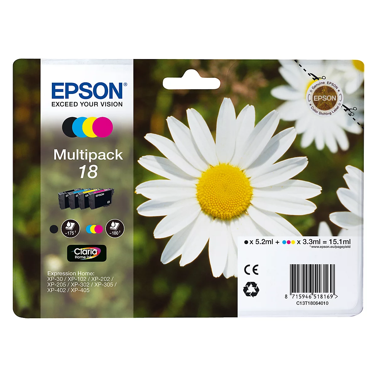 Sparpaket 4 Stück Epson Tintenpatronen C13T18064 schwarz, cyan, magenta, gelb, original