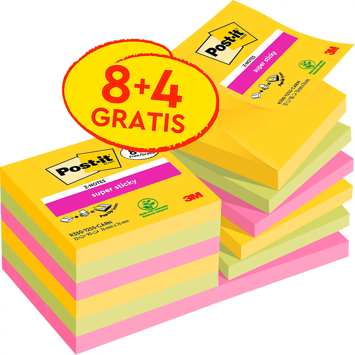Sparpaket Post It® Haftnotizen Super Sticky Z Notes Carnival 76 X 76 Mm Farbig 12 Blöcke á 90