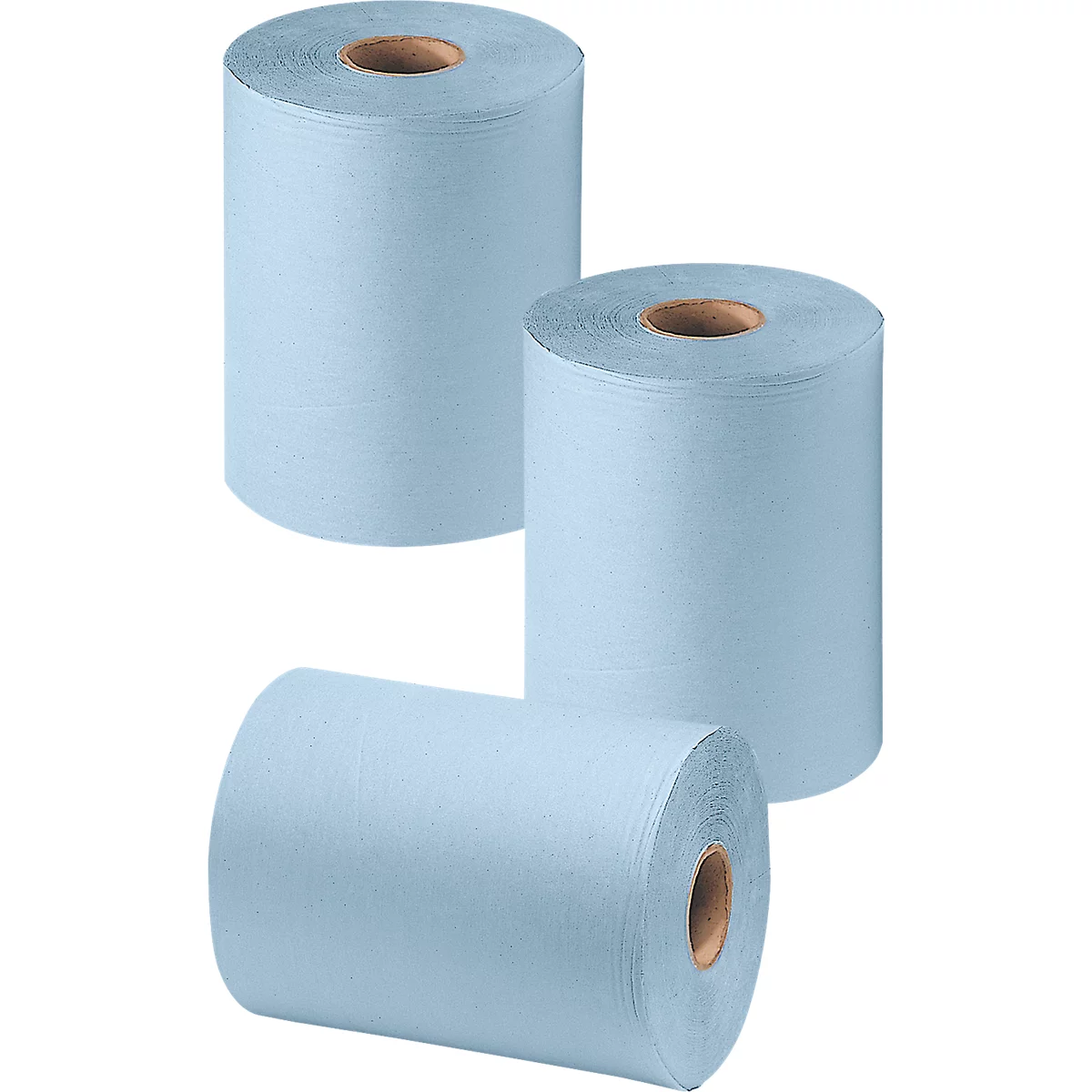 Drei hellblaue Papierrollen vor weißem Hintergrund.