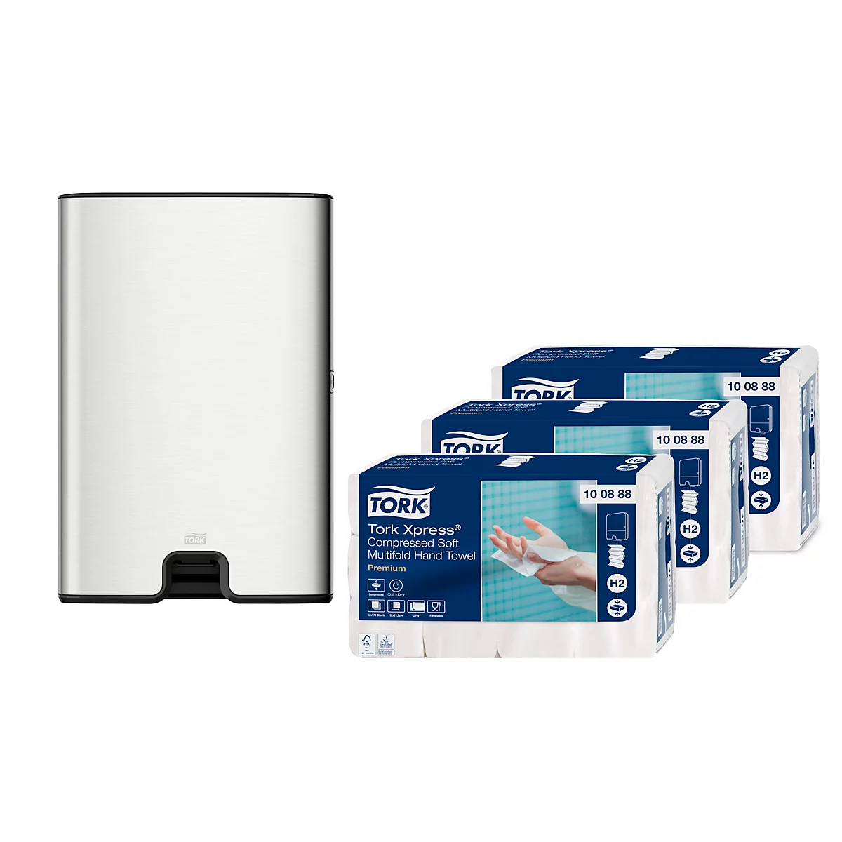 Sparset Falthandtücher Tork® Xpress® Compressed 100888, 2-lagig, 6120 Tücher, weiß + Xpress® Multifold-Handtuchspender ImageLine 460004, Edelstahl