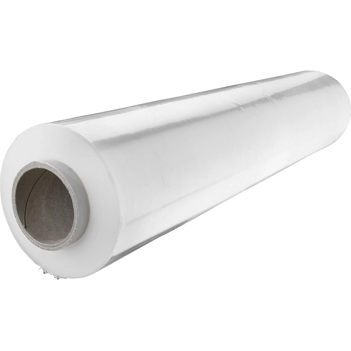 Rolle transparente Frischhaltefolie auf weißem Hintergrund.