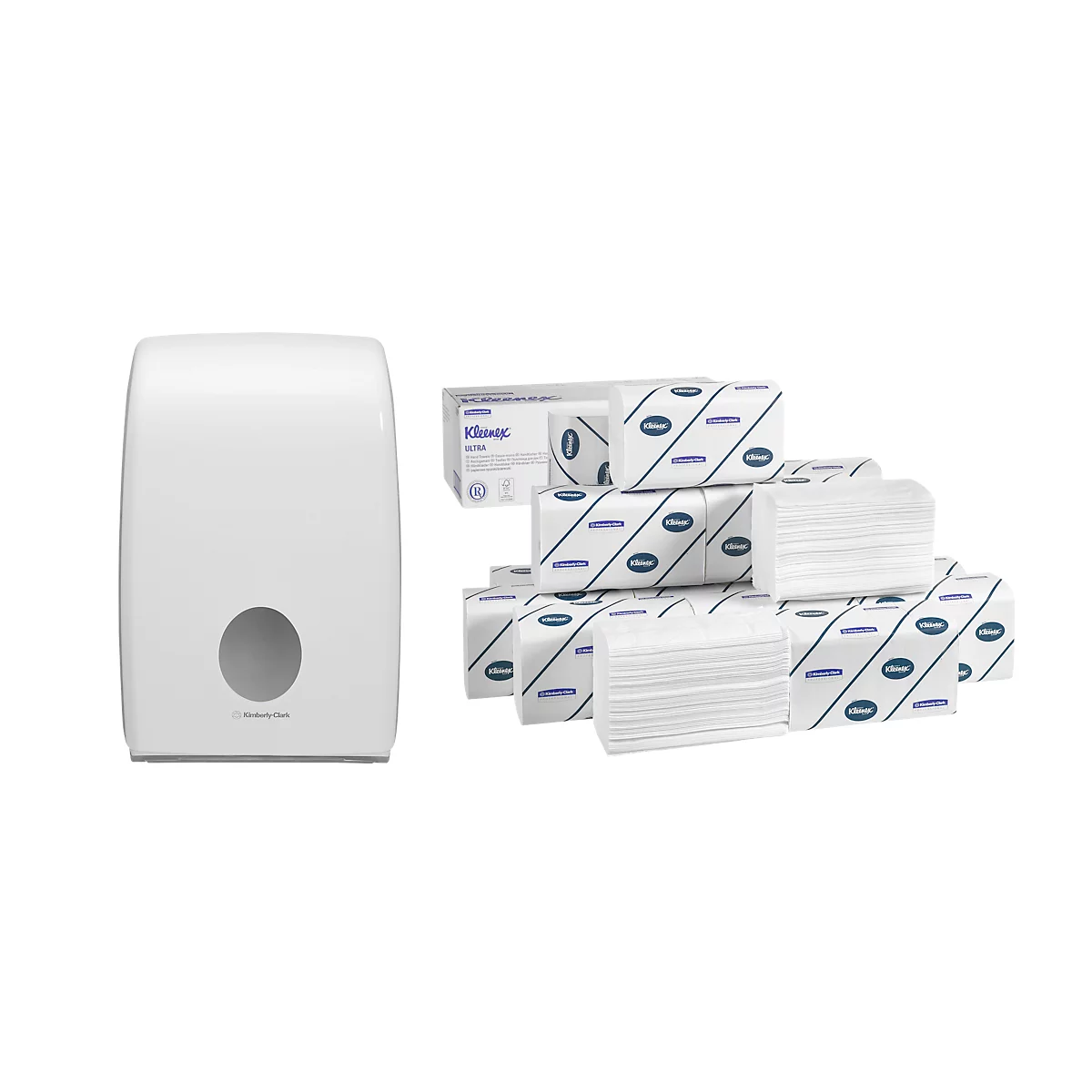 Weißer Papierhandtuchspender neben Paketen mit Papierhandtüchern.