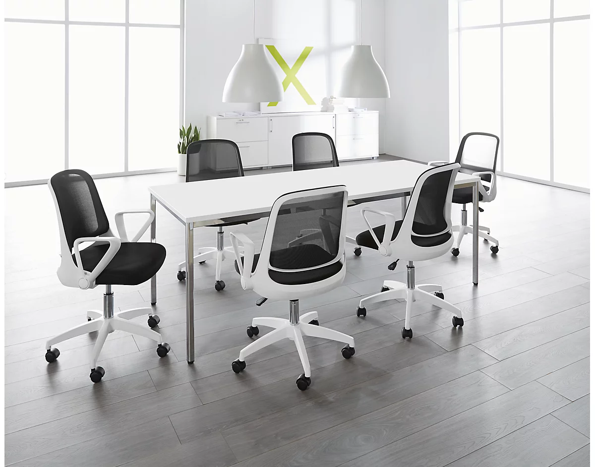 Sparset Konferenzstühle, sitzhöhenverstellbar, Bezug schwarz, Gestell weiß, Sitzmaße B 480 x T 480 x H 445-540 mm, 6 Stück + Konferenztisch, weiß, B 2000 x T 800 mm