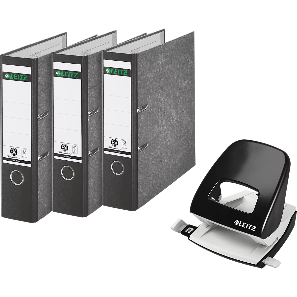 Sparset Leitz® Ordner 1080, 80 mm, 20 Stück + Gratis Leitz® Locher NeXXt Serie 5008, schwarz