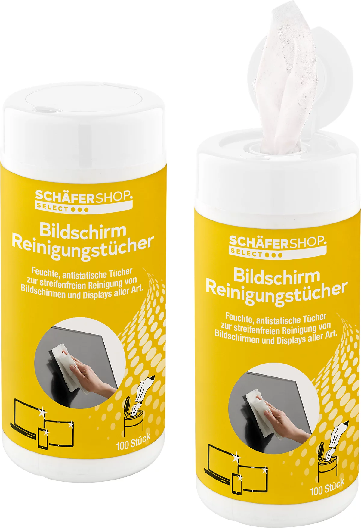 Sparset Schäfer Shop Select Bildschirm-Reinigungstücher, feucht, 2 praktische Spenderdosen mit jeweils 100 Tüchern