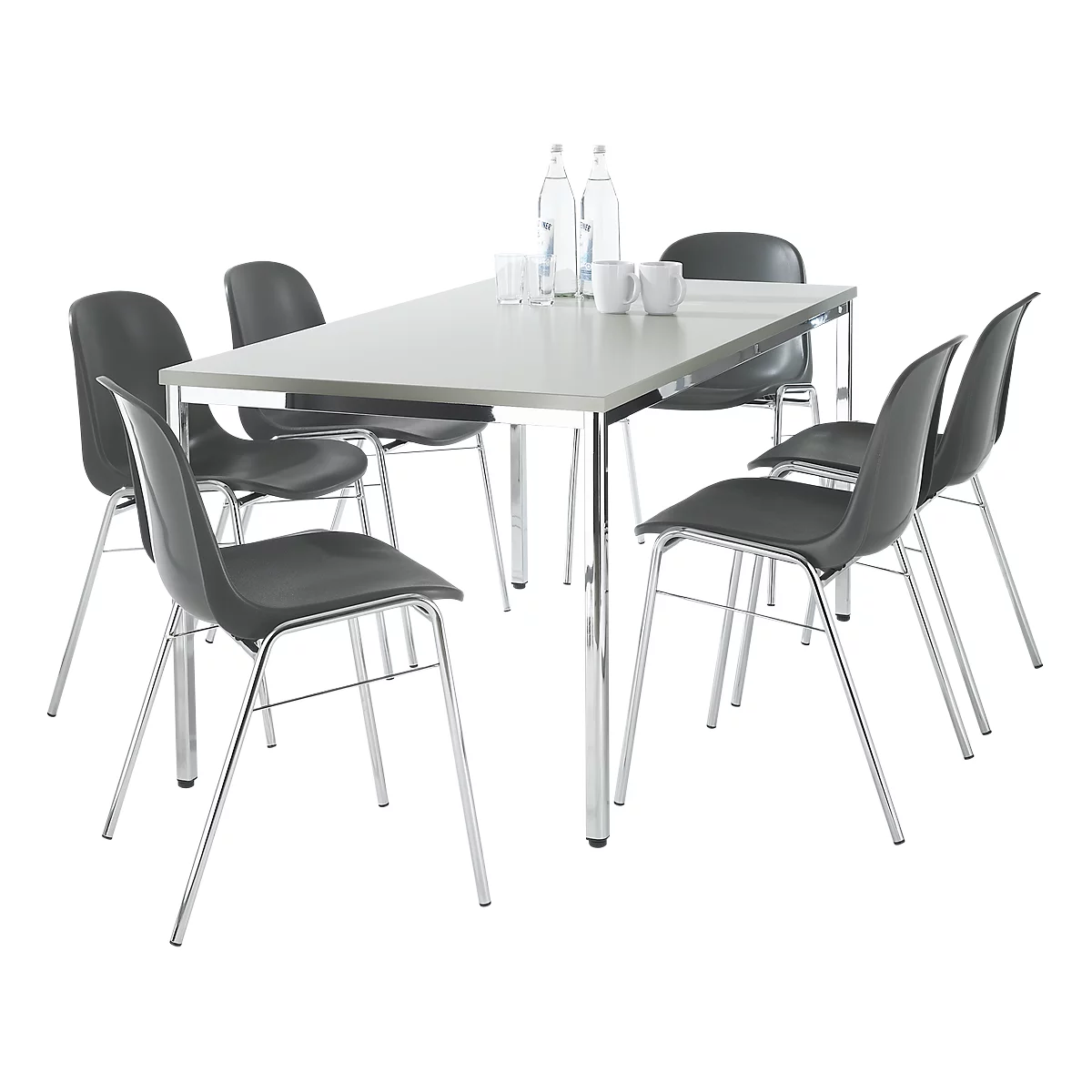 Sparset Stapelstuhl BETA, Bezug anthrazit, Sitzmaße B 400 x T 420 x H 460 mm, 6 Stück + Konferenztisch, B 1600 x T 800 mm, lichtgrau