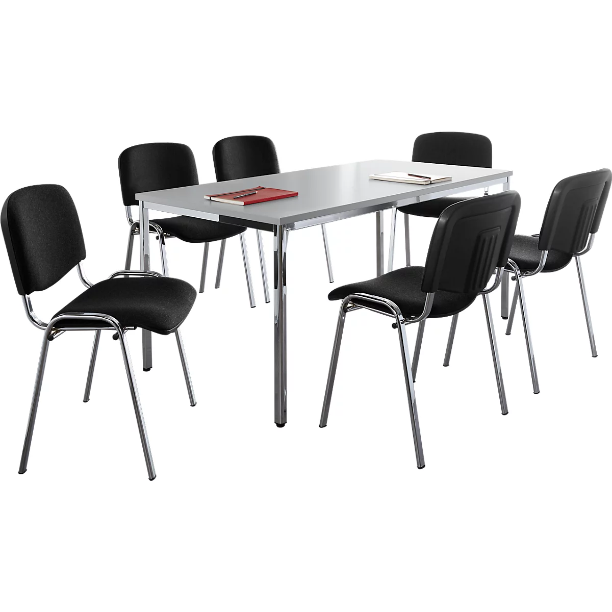 Sparset Stapelstuhl ISO Basic, 4-Fußgestell, stapelbar bis 12 Stück, Bezug schwarz, 6 Stück + Konferenztisch für bis zu 6 Personen, B 1600 x T 800 x H 720 mm