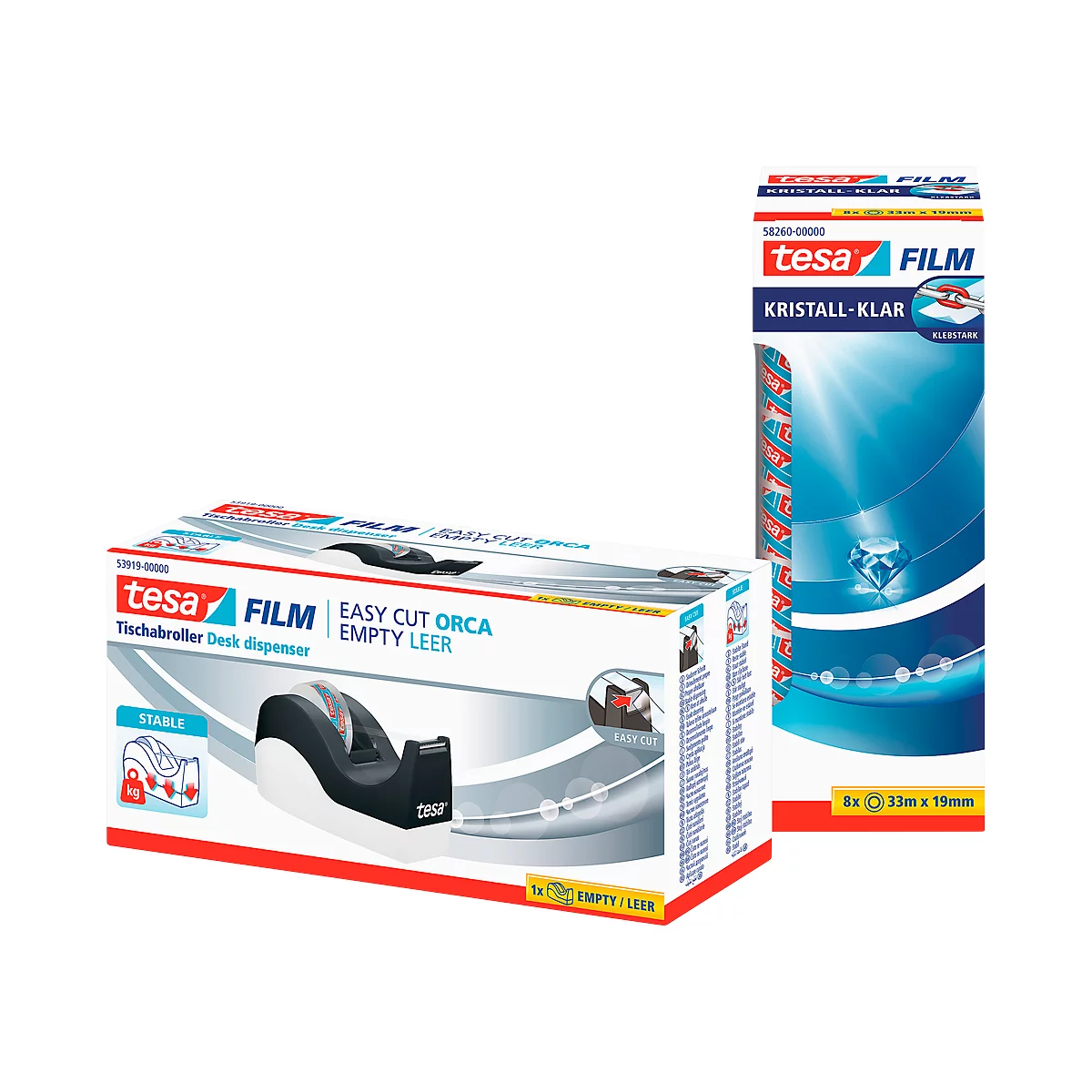 Sparset Tischabroller tesa Easy Cut® ORCA + 8 Rollen tesafilm®, für Rollen bis L 33 m x B 19 mm