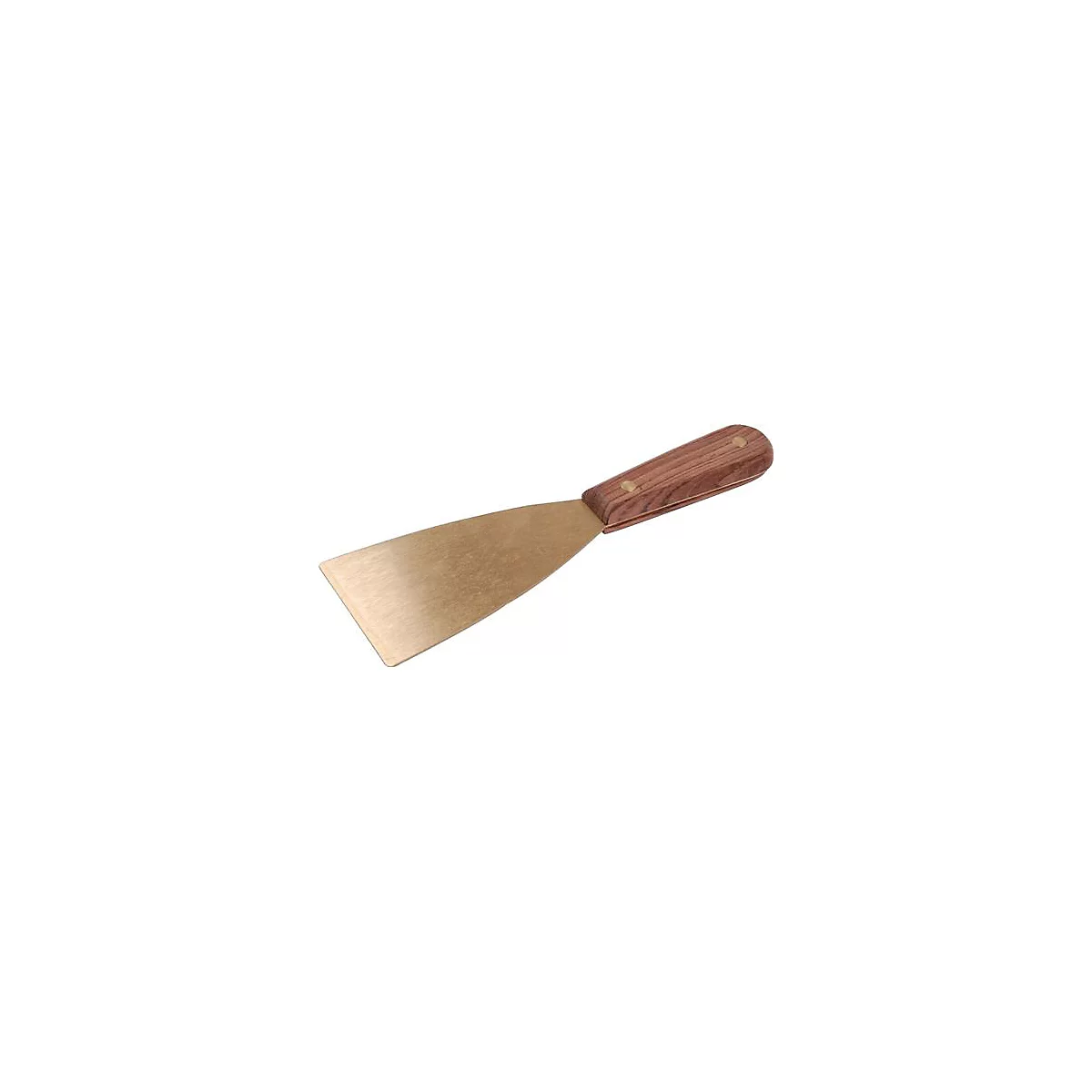 Une spatule avec un manche en bois et une lame en métal dorée. La poignée est fixée avec deux rivets.