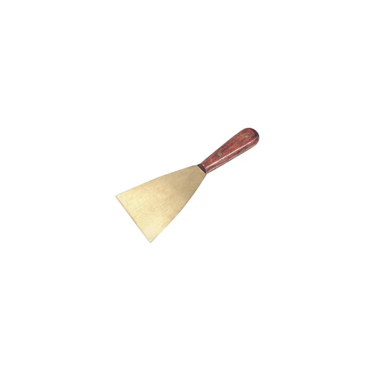 Spatule avec manche en bois, lame dorée. Sur fond blanc.